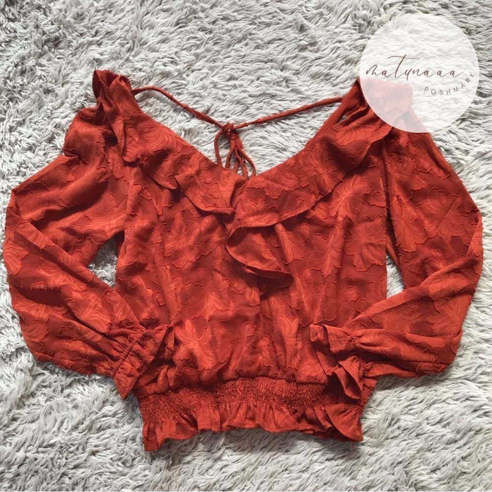 Anthropologie Textured Floral Crimson Orange Blouse